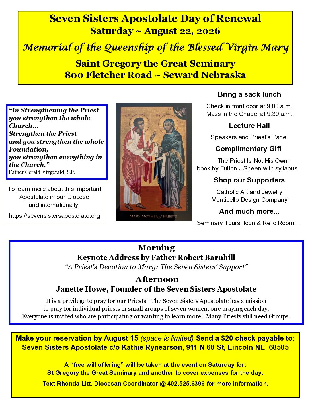 Seven Sisters Apostolate Day of Renewal – Seward, NE – August 22, 2026