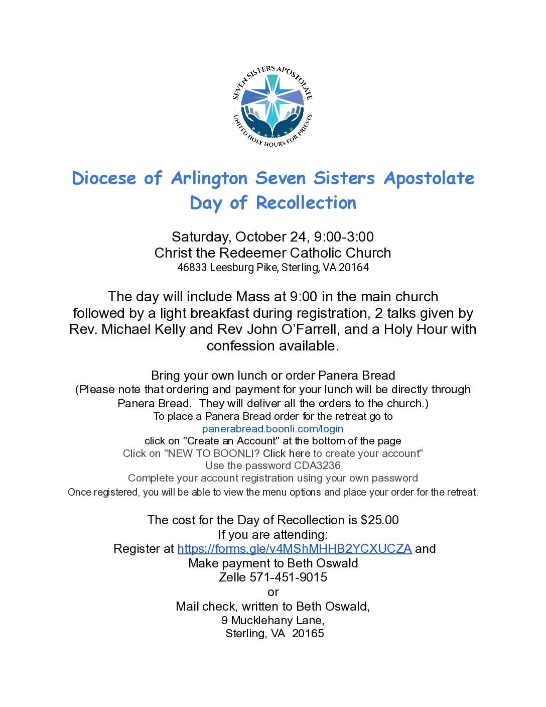 Seven Sisters Apostolate Day of Recollection – Diocese of Arlington- Oct 24